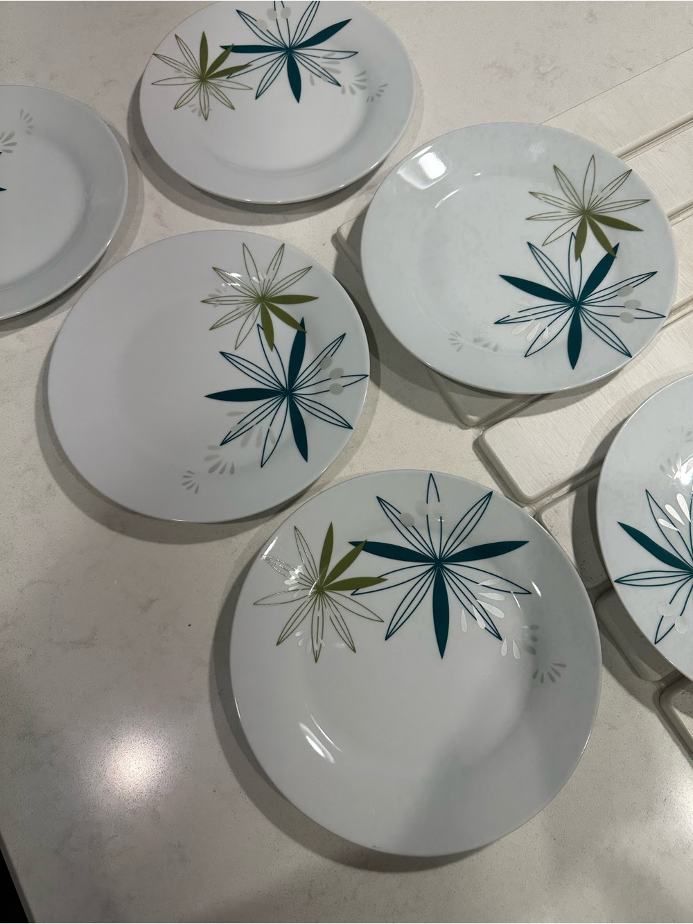 Pier 1 Dessert or Salad Plates White Teal Olive Mid-Century Modern Design (6) - Picture 6 of 9